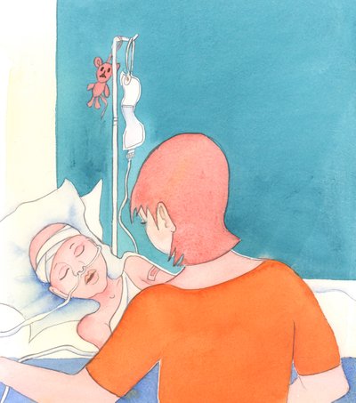 Matka z ciężko chorym dzieckiem wciąż je kocha, 2005 (akwarela na papierze) autorstwa Elizabeth Wang