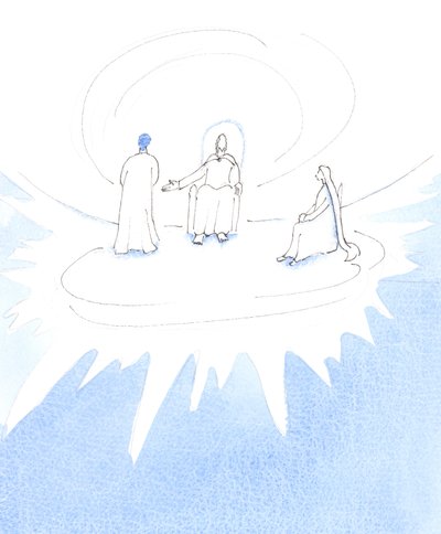 Osoba, która umiera i jest gotowa na Niebo, przenosi się do serca Trójcy Świętej, aby żyć w wiecznej błogości i spełnieniu, 2005 (akwarela na papierze) autorstwa Elizabeth Wang