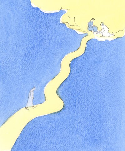 Osoba, która z miłości do Boga kocha bliźniego i służy mu, kroczy trudną drogą do Nieba, stromymi podjazdami, 2004 (w/c na papierze) autorstwa Elizabeth Wang