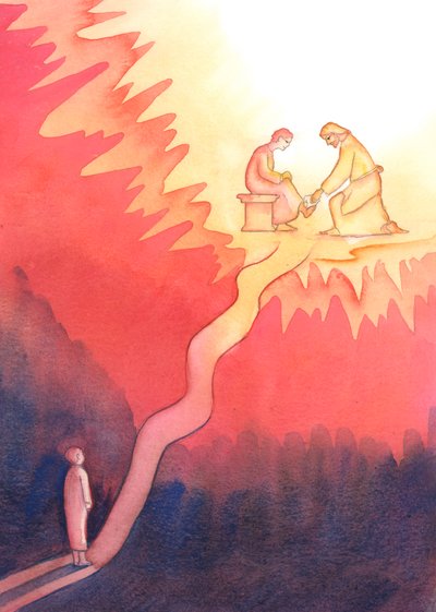 Osoba, która z miłości do Boga kocha bliźniego i służy mu, kroczy trudną drogą do Nieba, stromymi podjazdami, 2004 (w/c na papierze) autorstwa Elizabeth Wang