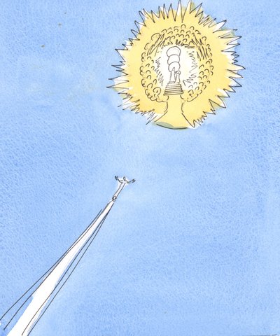 Dusza uwolniona z czyśćca szybuje jak rakieta w kierunku odległego „słońca”, którym jest blask Nieba, 2004 (w/c na papierze) autorstwa Elizabeth Wang