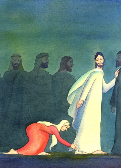 Kobieta pomyślała: „Jeśli tylko mogę dotknąć rąbka Jego szaty, będę uzdrowiona”, 2001 (w/c na papierze) autorstwa Elizabeth Wang