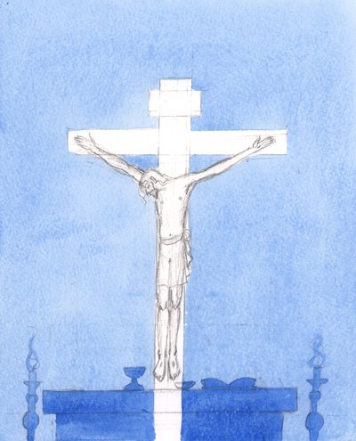 Po konsekracji możemy być pewni, że Chrystus jest obecny wśród nas: Chrystus, który umarł na krzyżu, modląc się za grzeszników, i który jest obecny teraz, modląc się za nas w naszych czasach i składając tę samą ofiarę, 2005 (akwarela na papierze) autorstwa Elizabeth Wang