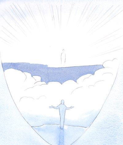 Po „drzwiach” naszej śmierci Chrystus zaprasza tego, kto Go kocha, do wyjścia i przekroczenia otchłani, pewny bycia niesionym, 2001 (w/c na papierze) autorstwa Elizabeth Wang