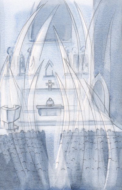 Aniołowie modlą się z nami na Mszy Świętej, kłaniając się temu, który umarł i zmartwychwstał, 2000 (w/c na papierze) autorstwa Elizabeth Wang