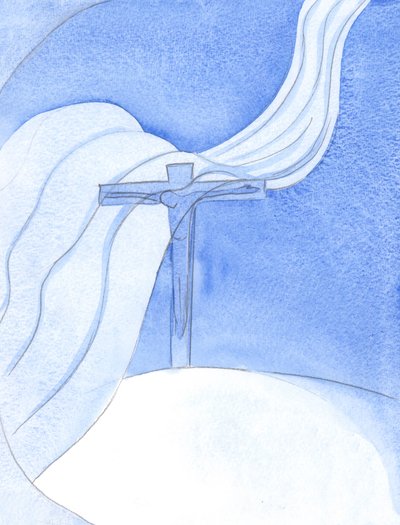 Gdy Chrystus wylewa Swoją Krew w Nowym Przymierzu, nad Krzyżem wieje wielki złowrogi wiatr, grożąc i niszcząc, 2001 (w/c na papierze) autorstwa Elizabeth Wang