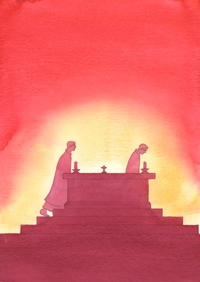 W miarę upływu lat jeden kapłan opuszcza ołtarz, a drugi idzie jego śladami, aby złożyć Najświętszą Ofiarę, 2003 (w/c na papierze) autorstwa Elizabeth Wang