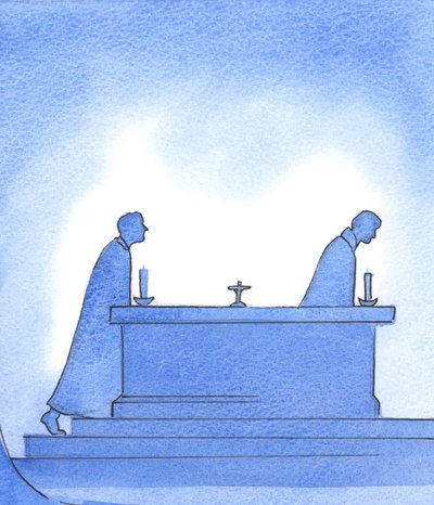 W miarę upływu lat jeden kapłan opuszcza ołtarz, a drugi idzie jego śladami, aby złożyć Najświętszą Ofiarę, 2003 (w/c na papierze) autorstwa Elizabeth Wang