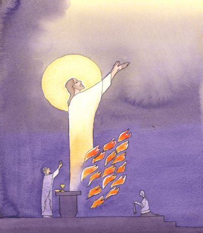 Na Mszy modlimy się z Chrystusem, który zwraca się do Ojca w płonącej miłości Ducha Świętego, 2000 (w/c na papierze) autorstwa Elizabeth Wang