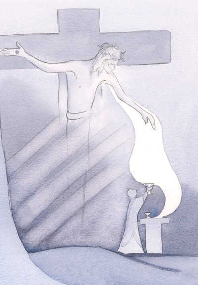 Na każdej Mszy Świętej Przenajdroższa Krew Chrystusa jest przelewana z Krzyża za nasze zbawienie od grzechu, 2000 (w/c na papierze) autorstwa Elizabeth Wang