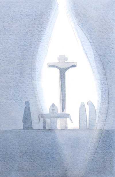 Na każdej Mszy św. stajemy się obecni przy jedynej Ofierze Kalwarii, jak gdyby kurtyna została rozsunięta w naszej obecności, 2001 (w/c na papierze) autorstwa Elizabeth Wang