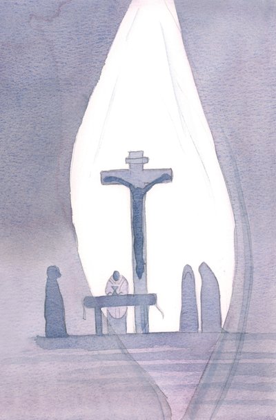 Na każdej Mszy św. stajemy się obecni przy jedynej Ofierze Kalwarii, jak gdyby kurtyna została rozsunięta w naszej obecności, 2001 (w/c na papierze) autorstwa Elizabeth Wang