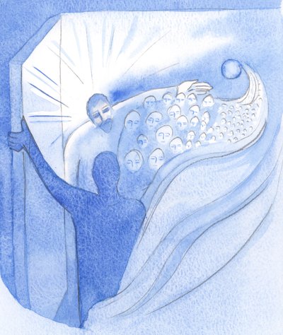 Podczas Wniebowstąpienia Chrystus, nasz brat, triumfalnie powrócił do Ojca i otworzył nam drogę do Nieba, 2001 (w/c na papierze) autorstwa Elizabeth Wang