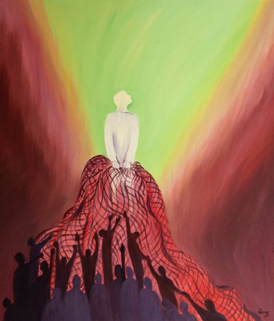 Na Mszy, jak rybak, Jezus wciąga do swego Królestwa tych, którzy Go kochają, 2001 (olej na pokładzie) autorstwa Elizabeth Wang