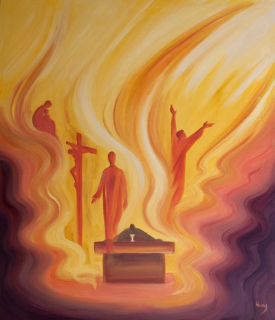 Na Mszy św. jesteśmy obecni przy każdej tajemnicy życia Chrystusa, 2001 (olej na pokładzie) autorstwa Elizabeth Wang