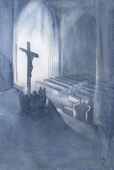 Na Mszy dziękczynnej składamy świętą i żywą Ofiarę, 2001 (w/c na papierze) autorstwa Elizabeth Wang