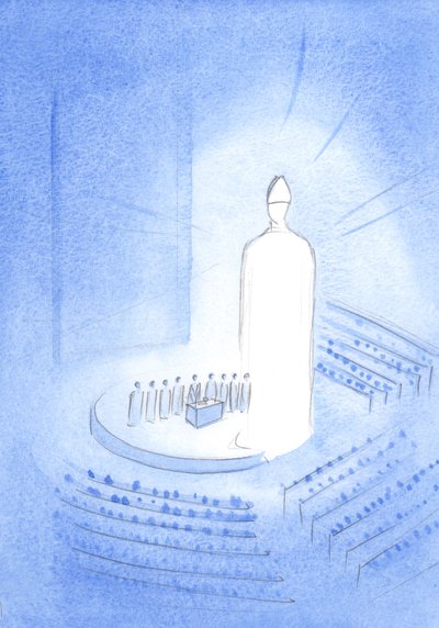 W centrum bazyliki sanktuarium Knock widziałam Jezusa podczas Mszy św.; On płonął światłem, mitra na głowie, 2001 (w/c na papierze) autorstwa Elizabeth Wang