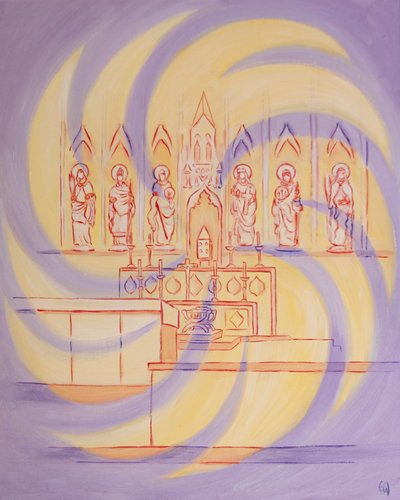 Przed tabernakulum jesteśmy w Obecności Boga żywego, którego Trójjedyna chwała wypełnia Kościół, 2003 (olej na pokładzie) autorstwa Elizabeth Wang