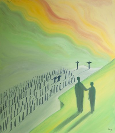Rozważając mękę Chrystusa stajemy się Mu wdzięczni i współczujemy innym, 2000 (olej na pokładzie) autorstwa Elizabeth Wang