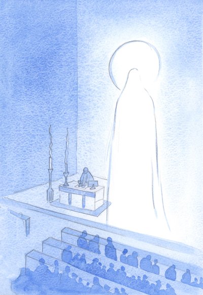 Chrystus i Jego Święta Matka żyją teraz w Niebie, chwalebni. Być tak uwielbionym to być majestatycznym i doskonałym pod każdym względem, 2001 (w/c na papierze) autorstwa Elizabeth Wang