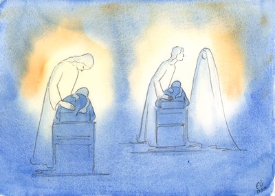 Chrystus i Jego Matka cieszą się, gdy zwracamy się do nich z prostotą i ufnością dziecka, 2003 (w/c na papierze) autorstwa Elizabeth Wang