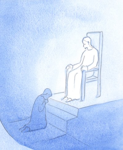 Chrystus pojawił się jako Król i pozwolił mi usiąść u Jego stóp jako pokutnik, 2000 (w/c na papierze) autorstwa Elizabeth Wang