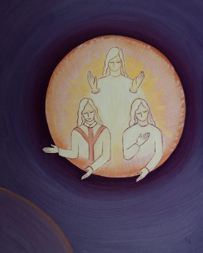 Chrystus pyta ilu z nas na tej ziemi w dole naprawdę kocha Osoby Trójcy Świętej, 2002 (olej na pokładzie) autorstwa Elizabeth Wang