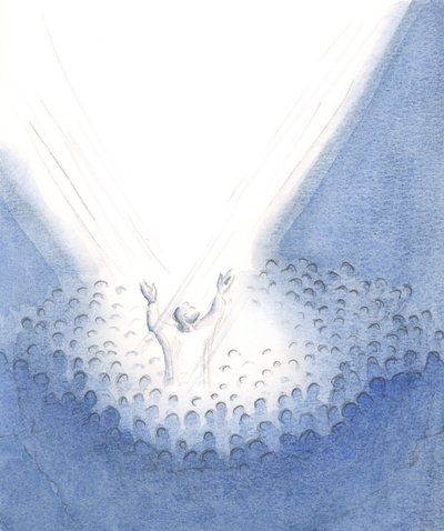 Chrystus jest obecny tutaj z nami na Mszy św., prawdziwie ludzki, składa pośród nas Swoją wzniosłą Ofiarę w imieniu Swoich braci i sióstr, 2001 (w/c na papierze) autorstwa Elizabeth Wang
