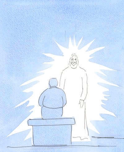 Chrystus jest cieleśnie obecny w niebie – które jest nam bardzo bliskie. Jesteśmy w kontakcie z Niebem w naszej modlitwie., 2004 (w/c na papierze) autorstwa Elizabeth Wang