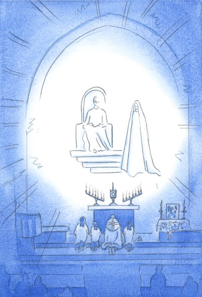 Chrystus zasiada na tronie nad nami w chwale podczas naszej Nowenny i Błogosławieństwa, która jest jak niebiańskie przyjęcie. Nasza matka Maryja stoi radośnie blisko, 2002 (w/c na papierze) autorstwa Elizabeth Wang