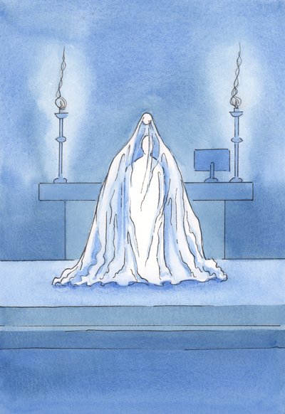 Chrystus jest naprawdę obecny, ale to tak, jakby zasłona zakrywała Go przed naszym wzrokiem., 2001 (w/c na papierze) autorstwa Elizabeth Wang