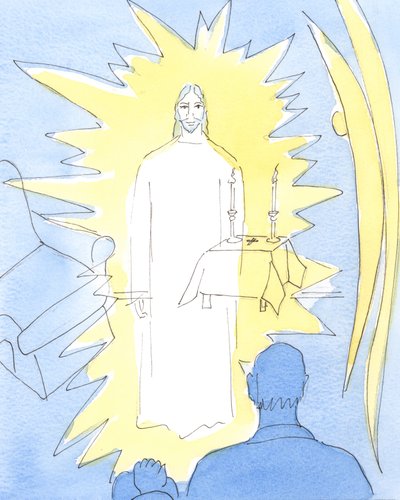 Chrystus, nasz Bóg, który króluje w Wiecznej Chwale, jest naprawdę obecny w Najświętszym Sakramencie w kościele i domach chorych przyjmujących Komunię Świętą, 2004 (w/c na papierze) autorstwa Elizabeth Wang