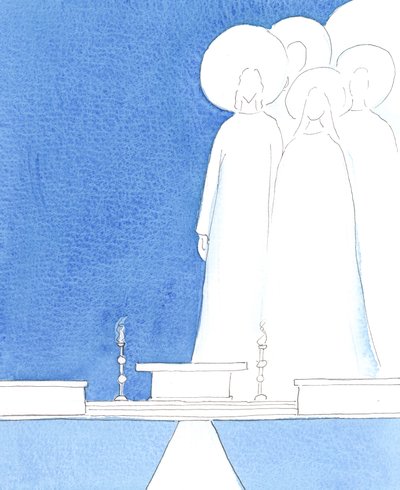 Chrystus, nasz Bóg, jest obecny w sanktuarium ze świętymi, którzy teraz żyją w Jego miłości, 2005 (akwarela na papierze) autorstwa Elizabeth Wang