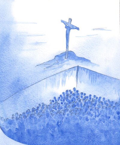Chrystus, nasz brat i Boski Zbawiciel, spłacił dług za nasze grzechy. Uznając Go, wyłaniamy się z naszej „otchłani”, 2002 (w/c na papierze) autorstwa Elizabeth Wang