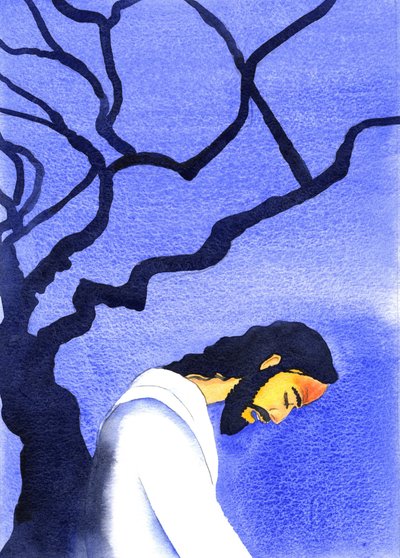Chrystus modlił się w agonii do Swojego Ojca w Getsemani, pocąc się krwią, myśląc o nadchodzących okropnościach, 2001 (w/c na papierze) autorstwa Elizabeth Wang