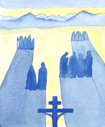 Chrystus ujrzał z Krzyża tłum gapiów: zdziwionych, ciekawskich, wrogich i sympatycznych, 2003 (w/c na papierze) autorstwa Elizabeth Wang