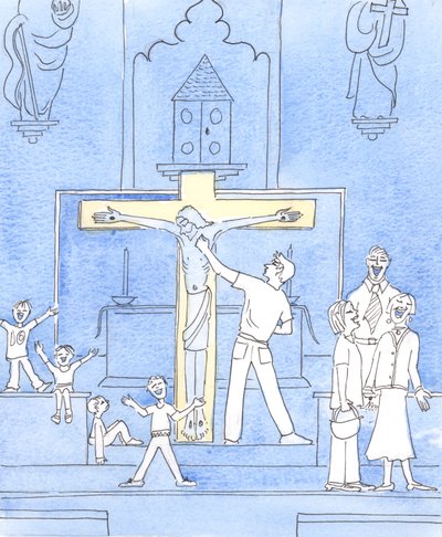 Chrystus widzi nasze zachowanie w kościele - niektóre złe zachowanie z powodu ignorancji, inne z powodu nieostrożności lub braku miłości do Niego, 2002 (w/c na papierze) autorstwa Elizabeth Wang