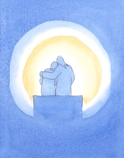 Chrystus siedzi obok nas w „jaskini” naszych dusz. Jego praca może rozkwitnąć, jeśli zrobimy dla niego miejsce., 2003 (w/c na papierze) autorstwa Elizabeth Wang