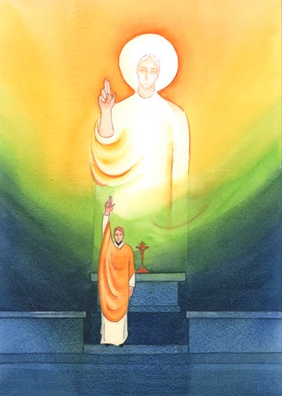 Chrystus przemawia i działa przez swoich kapłanów, którzy błogosławią i przebaczają „in persona Christi capitis”, „w osobie Chrystusa Głowy”, 2002 (w/c na papierze) autorstwa Elizabeth Wang