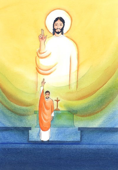 Chrystus przemawia i działa przez swoich kapłanów, którzy błogosławią i przebaczają „in persona Christi capitis”, „w osobie Chrystusa Głowy”, 2002 (w/c na papierze) autorstwa Elizabeth Wang