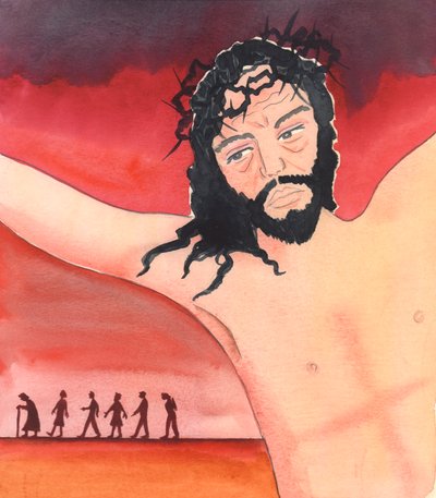 Chrystus przemawiał podczas konsekracji wina, mówiąc: „Przelałem za nich moją krew”, 2004 (w/c na papierze) autorstwa Elizabeth Wang
