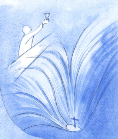 Chrystus przemawiał z wielką odwagą do Swoich apostołów, trzymając kielich Jego Krwi i już widząc Swoją „dołę” cierpienia, 2001 (w/c na papierze) autorstwa Elizabeth Wang