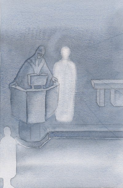 Chrystus stał obok księdza, który czytał nam wszystkim Ewangelię świętą, która była własnym słowem Chrystusa., 2000 (w/c na papierze) autorstwa Elizabeth Wang