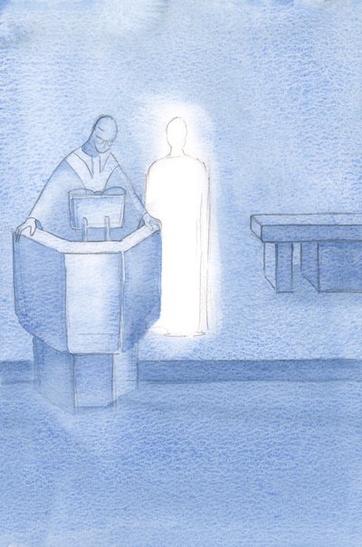 Chrystus stał obok księdza, który czytał nam wszystkim Ewangelię świętą, która była własnym słowem Chrystusa., 2000 (w/c na papierze) autorstwa Elizabeth Wang