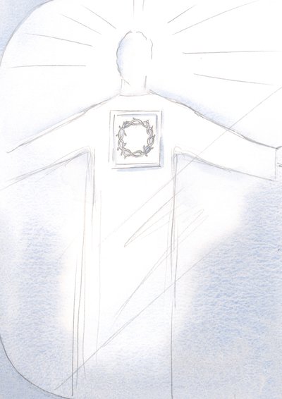 Chrystus Najwyższy Kapłan ukazuje się w majestacie, Jego szata nosi wizerunek Korony Cierniowej, 2001 (w/c na papierze) autorstwa Elizabeth Wang