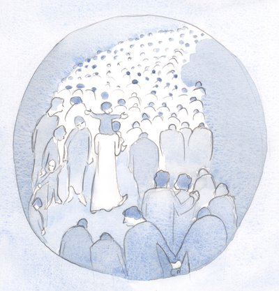 Chrystus kroczył pośród swojego ludu, dziecko na ramionach, z pielgrzymami i chorymi., 2001 (w/c na papierze) autorstwa Elizabeth Wang