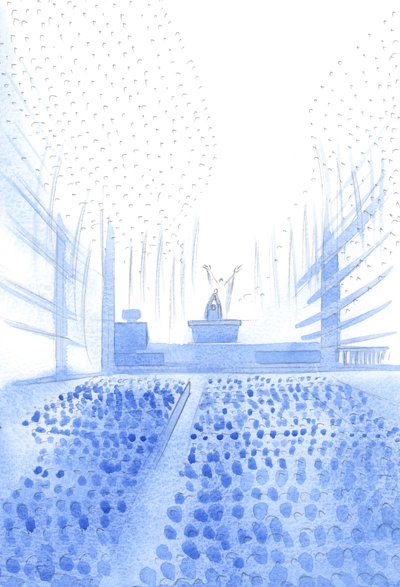 Podczas Świętej Ofiary Mszy św. Chrystus wstawia się u Ojca wśród swego ludu ziemi i nieba, 2002 (w/c na papierze) autorstwa Elizabeth Wang
