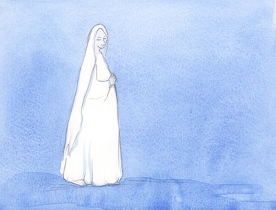 Przez wiele miesięcy Matka Boża nosiła Chrystusa w swoim łonie; Miała czas na zastanowienie się nad Swoją rolą w Bożym planie, 2002 (w/c na papierze) autorstwa Elizabeth Wang