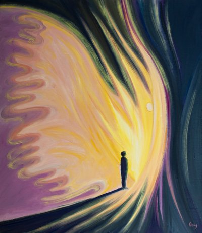 Bóg daje Anioła Stróża każdej osobie, którą z miłością tworzy, 2000 (olej na pokładzie) autorstwa Elizabeth Wang