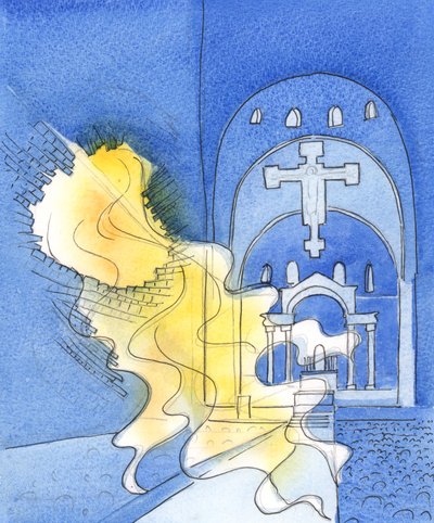Bóg jest tak potężny i Święty, jakby zmiażdżył nas swoją chwałą, gdyby pozwolił, by Jego ognista miłość ogarnęła nas, gdy jesteśmy nieprzygotowani, 2003 (w/c na papierze) autorstwa Elizabeth Wang